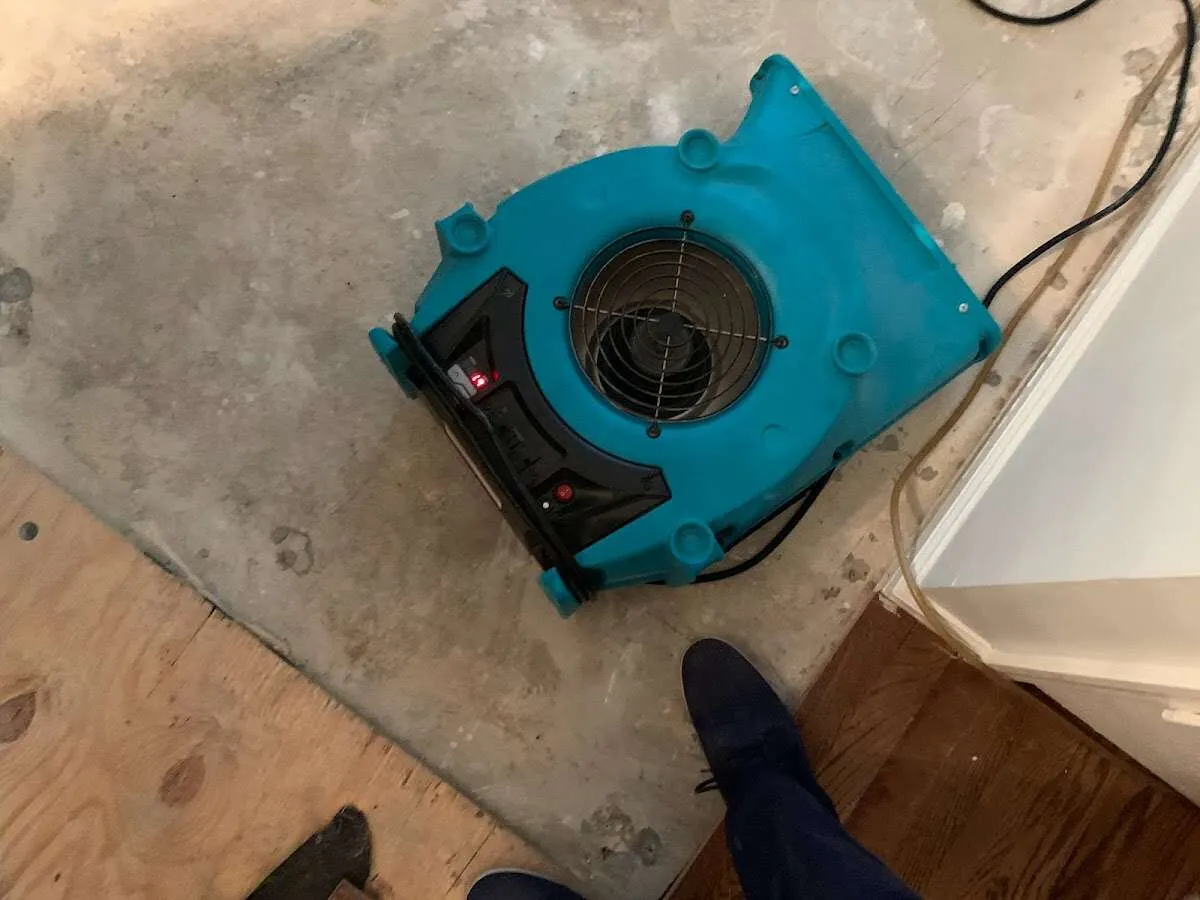 Air mover drying subfloor during Commercial Water Damage Restoration in On Top of the World
